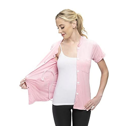 Post Mastectomy Shirt Band Collar Button Down Blouse with Drain Pockets Drainage Management