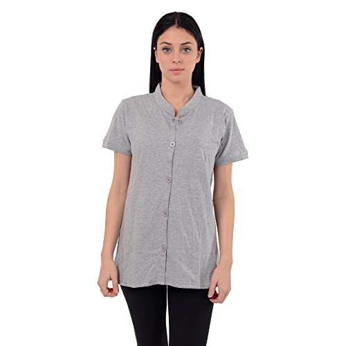 Post Mastectomy Shirt Band Collar Button Down Blouse with Drain Pockets Drainage Management