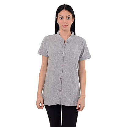 Post Mastectomy Shirt Band Collar Button Down Blouse with Drain Pockets Drainage Management