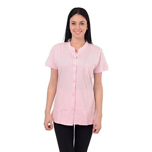 Post Mastectomy Shirt Band Collar Button Down Blouse with Drain Pockets Drainage Management