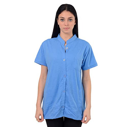 Post Mastectomy Shirt Band Collar Button Down Blouse with Drain Pockets Drainage Management