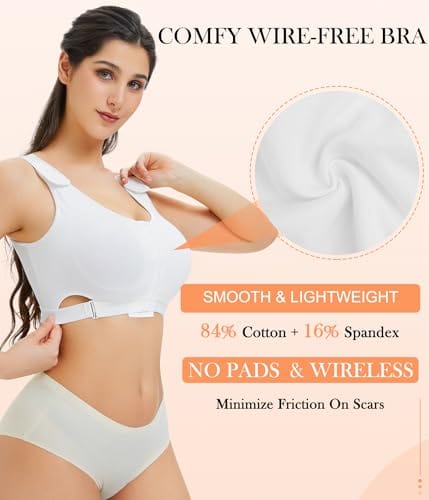 Women Wireless Front Closure Post Surgery Compression Everyday Bras Mastectomy Support Bra with Adjustable Straps