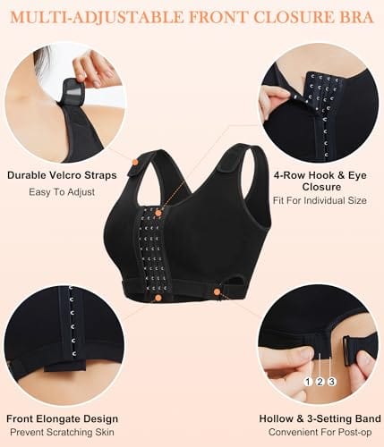 Women Wireless Front Closure Post Surgery Compression Everyday Bras Mastectomy Support Bra with Adjustable Straps