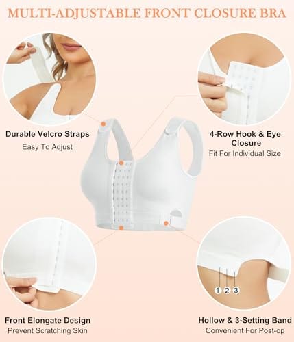 Women Wireless Front Closure Post Surgery Compression Everyday Bras Mastectomy Support Bra with Adjustable Straps