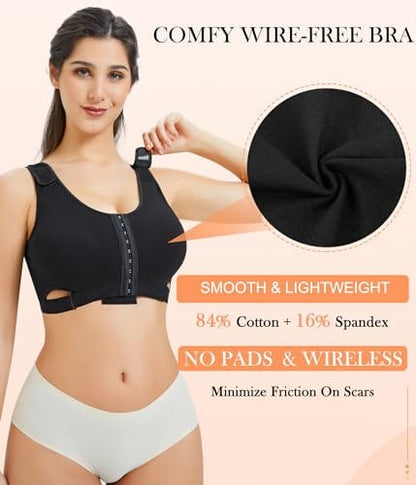 Women Wireless Front Closure Post Surgery Compression Everyday Bras Mastectomy Support Bra with Adjustable Straps