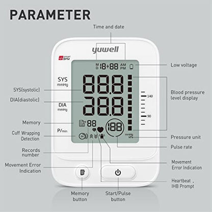 Yuwell Blood Pressure Monitor, Large Upper Arm Blood Pressure Cuff, Digital Blood Pressure Machine for Home Use, Large Display, Stores 99 Readings, Voice Broadcasting with Power Adapter and Batteries