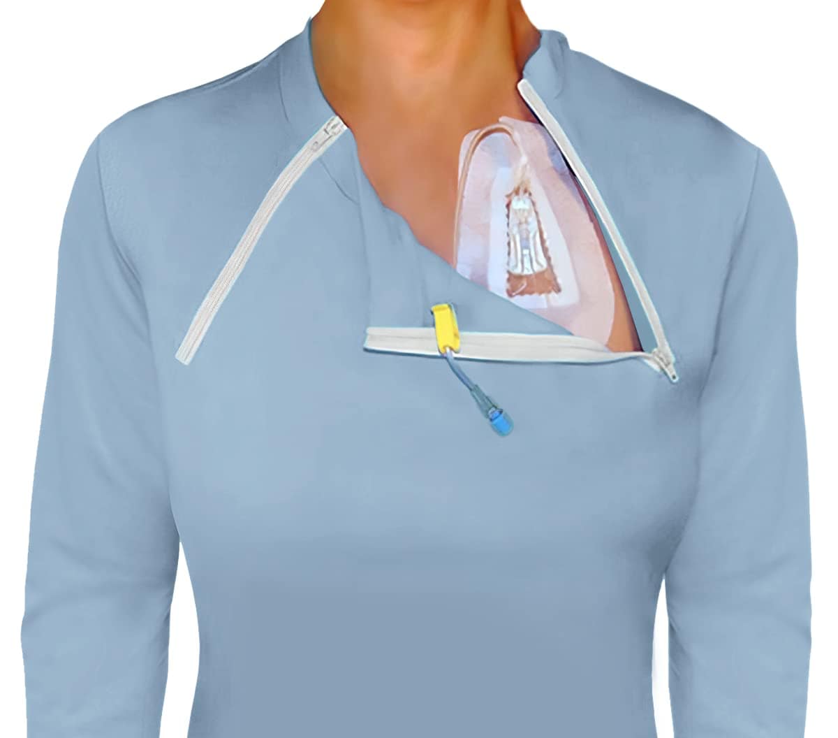 Women's Long Sleeve Chemotherapy Port with dual access Zipper Shirts