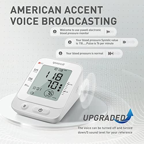 Yuwell Blood Pressure Monitor, Large Upper Arm Blood Pressure Cuff, Digital Blood Pressure Machine for Home Use, Large Display, Stores 99 Readings, Voice Broadcasting with Power Adapter and Batteries