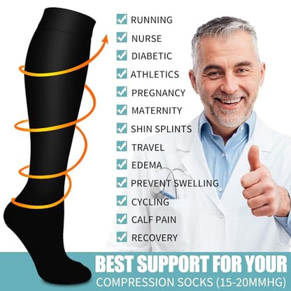 Bluemaple 6 Pack Copper Compression Socks for Women & Men - Best Support for Nurses, Recovery, Running, Athletic