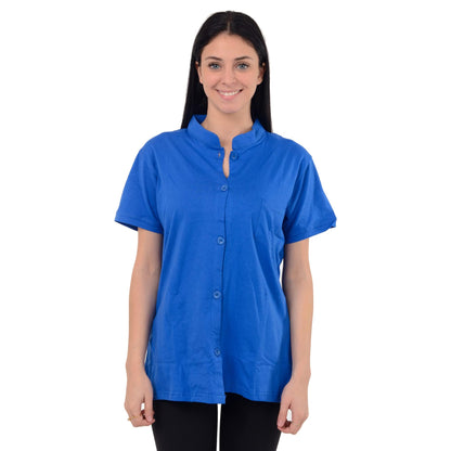 Post Mastectomy Shirt Band Collar Button Down Blouse with Drain Pockets Drainage Management