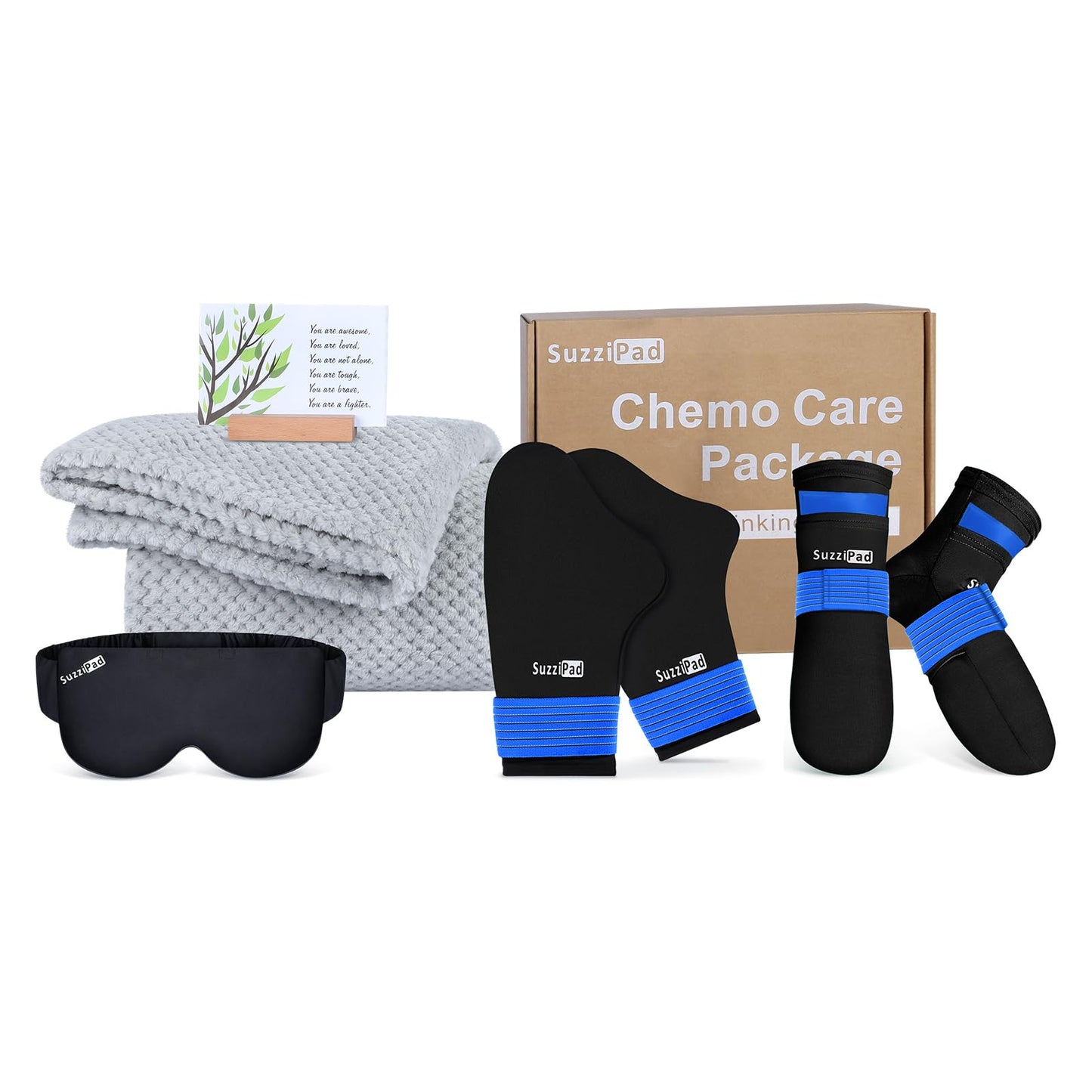 Suzzipad Cancer Patients Must Have, 5-Piece Chemo Care Kit for Women & Men Include Cold Therapy Socks and Hand Ice Pack, 59 * 78" Sympathy Blanket, 12oz Tumbler, Get Well Card