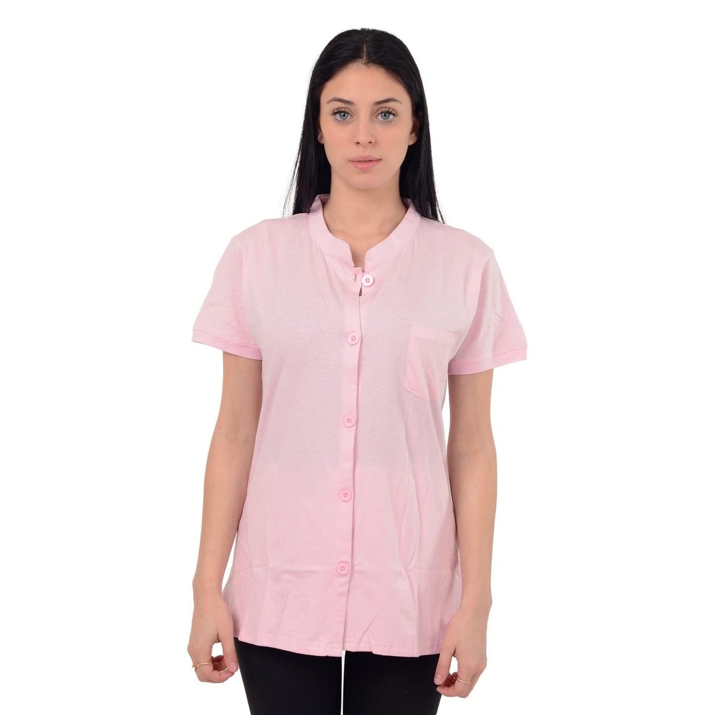 Post Mastectomy Shirt Band Collar Button Down Blouse with Drain Pockets Drainage Management