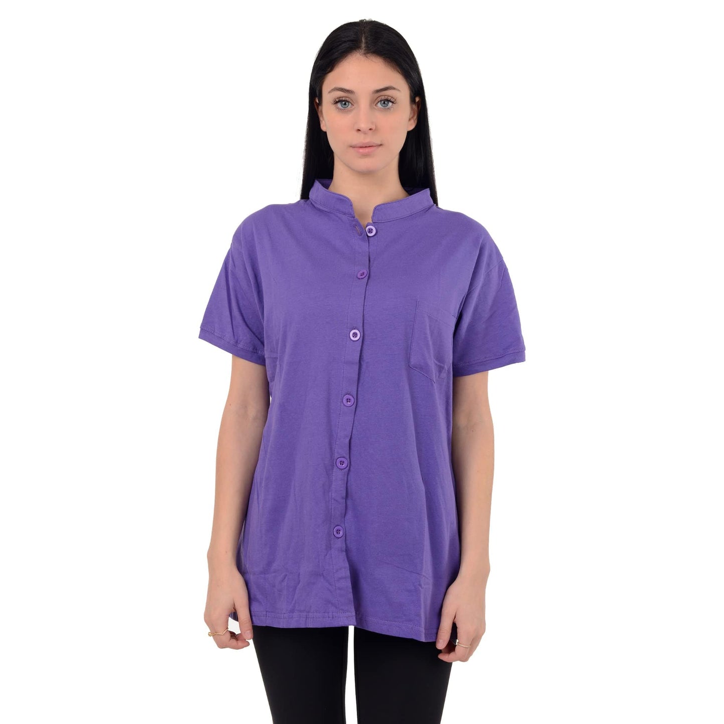 Post Mastectomy Shirt Band Collar Button Down Blouse with Drain Pockets Drainage Management