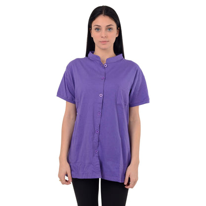 Post Mastectomy Shirt Band Collar Button Down Blouse with Drain Pockets Drainage Management