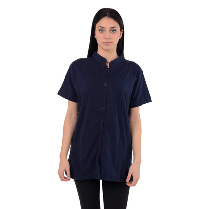 Post Mastectomy Shirt Band Collar Button Down Blouse with Drain Pockets Drainage Management