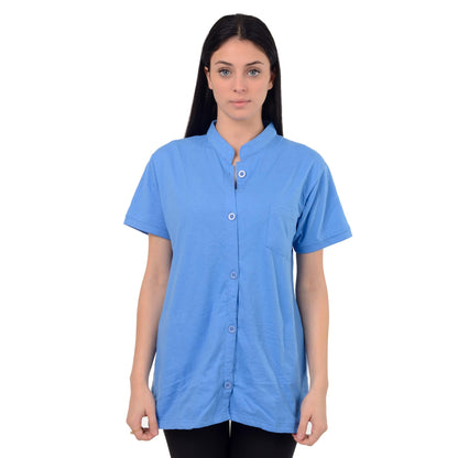 Post Mastectomy Shirt Band Collar Button Down Blouse with Drain Pockets Drainage Management