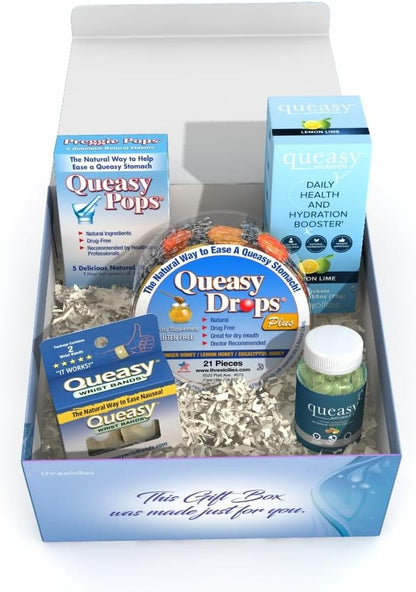 Three Lollies Queasy Gift Box, 5 pcs. – Natural Products to Help Ease Nausea – Queasy Drops Plus, Queasy Naturals, Queasy Wristband and Queasy Hydration