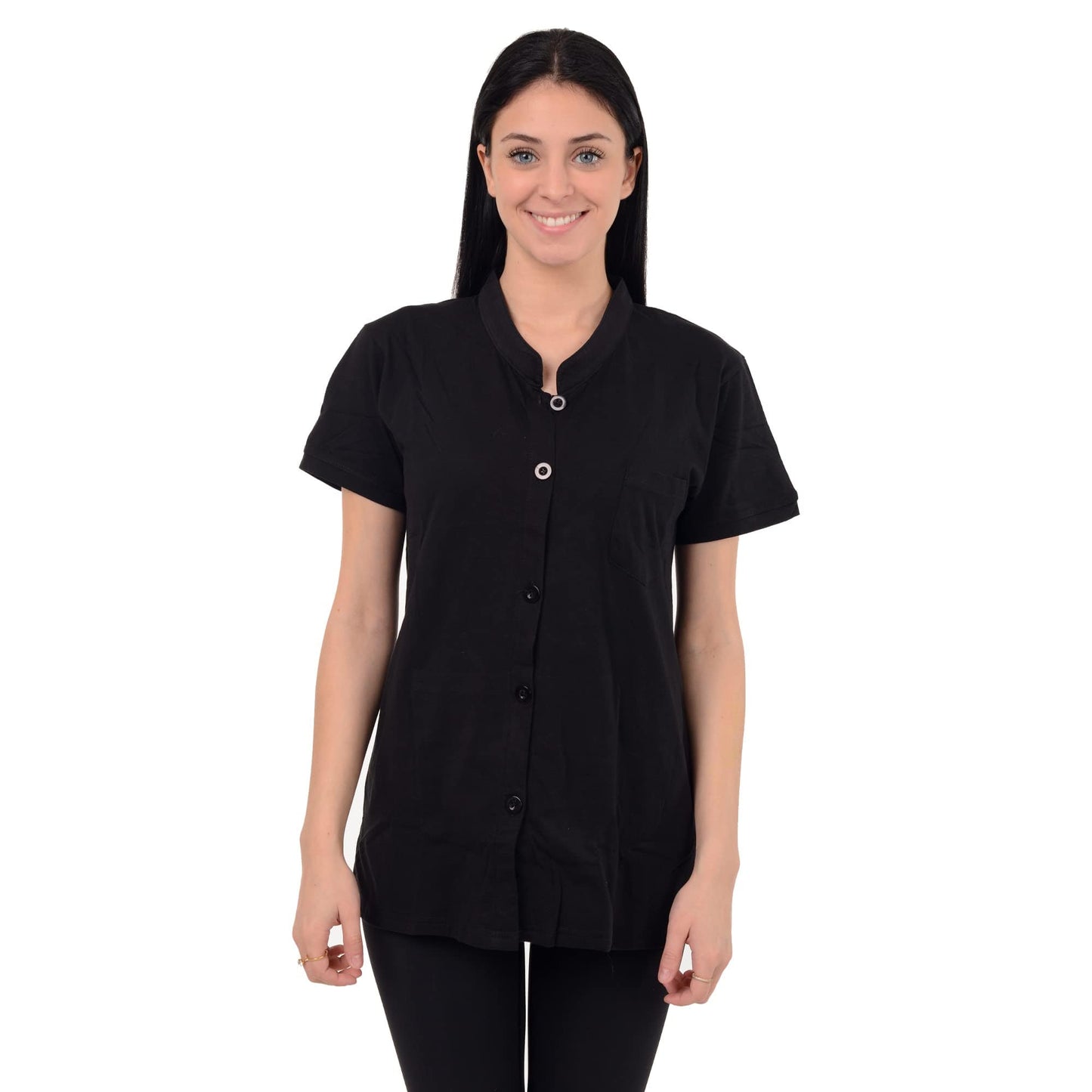 Post Mastectomy Shirt Band Collar Button Down Blouse with Drain Pockets Drainage Management