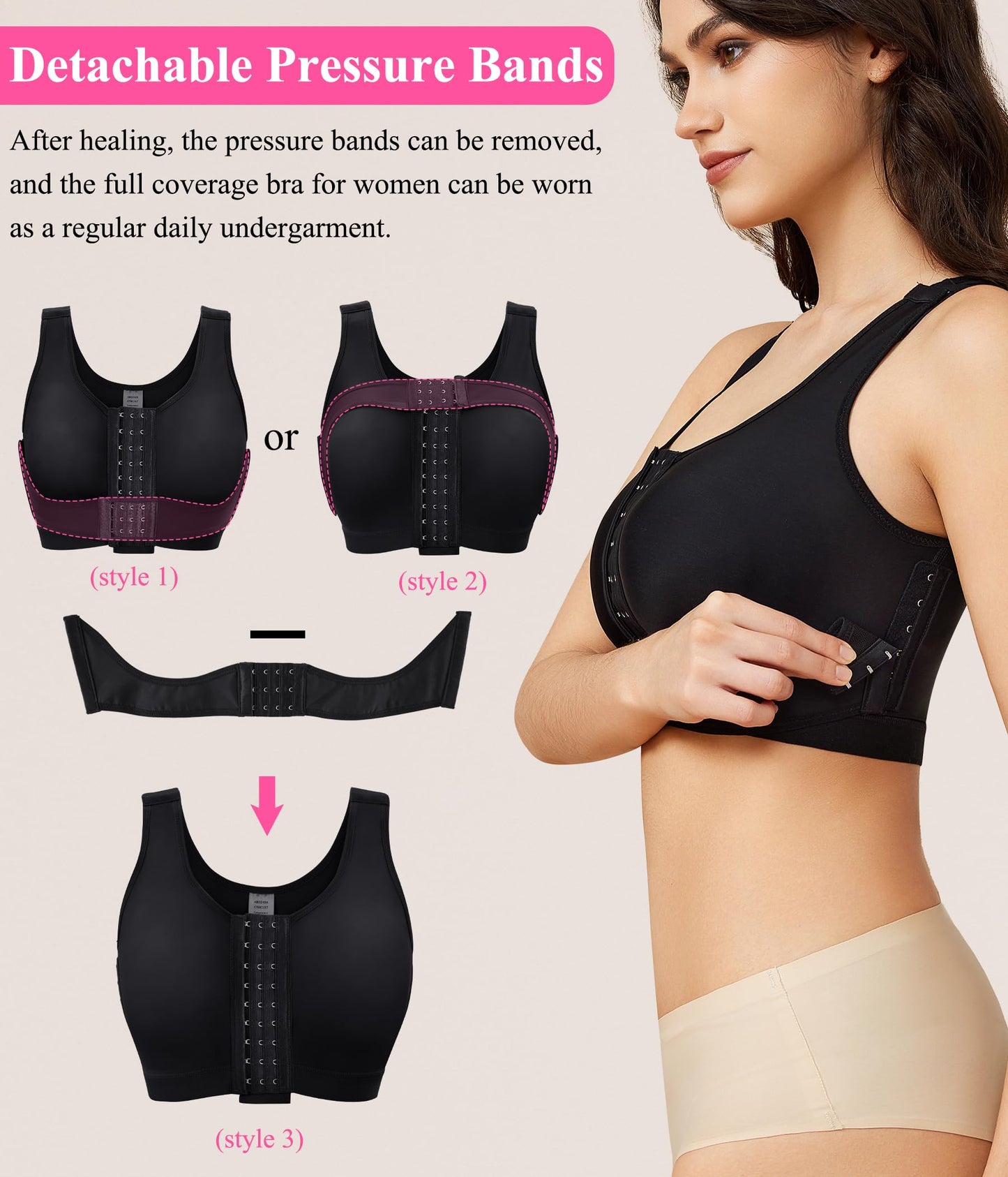 Front Closure Post Surgery Compression Wireless Everyday Bras for Women Mastectomy Support