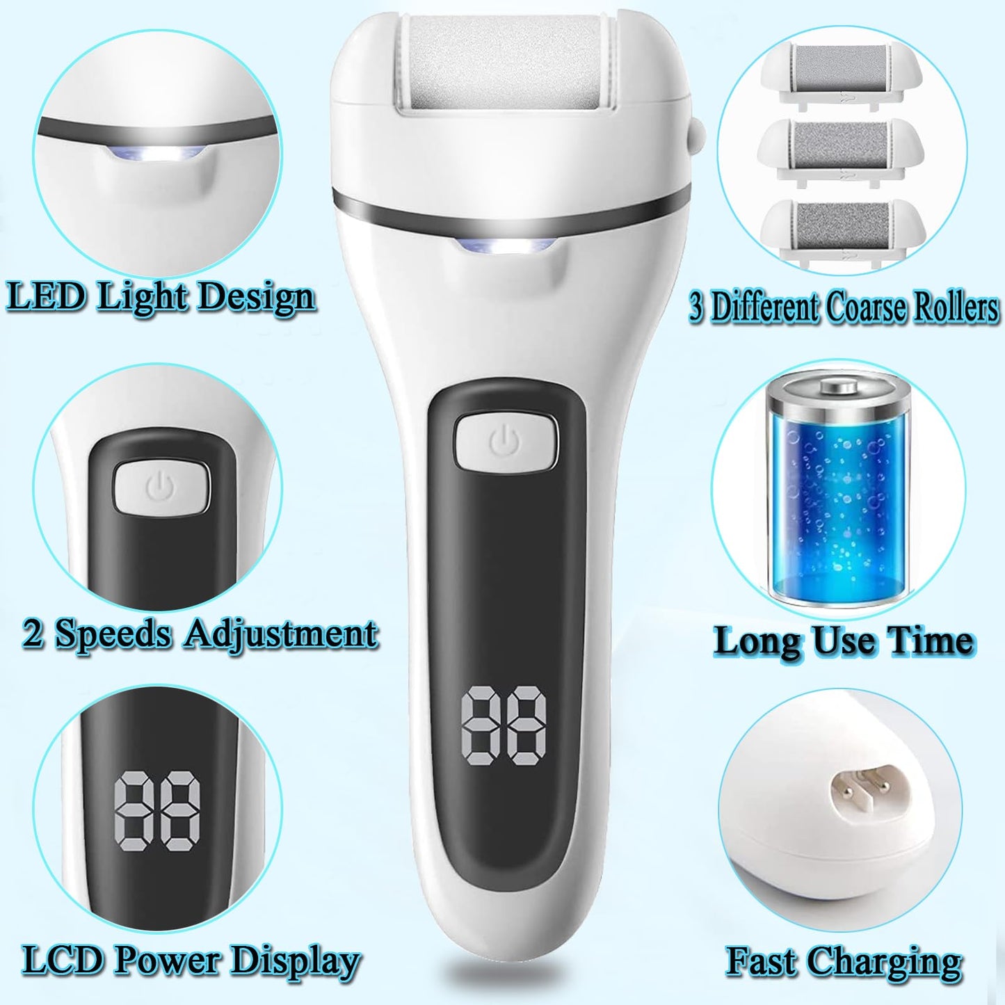 Callus Remover for Feet, 13-in-1 Professional Pedicure Tools Foot Care Kit,  3 Rollers, 2 Speed, Battery Display