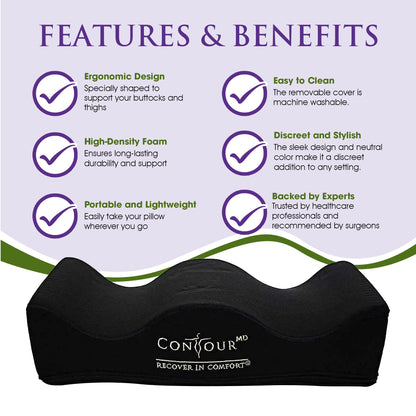 ContourMD BBL Pillow After Surgery for Butt – Brazilian Butt Lift BBL Recovery Pillow – Portable, Lightweight Foam Butt Shaped Pillow - BBL Post Surgery Supplies - Rectangle (Black)