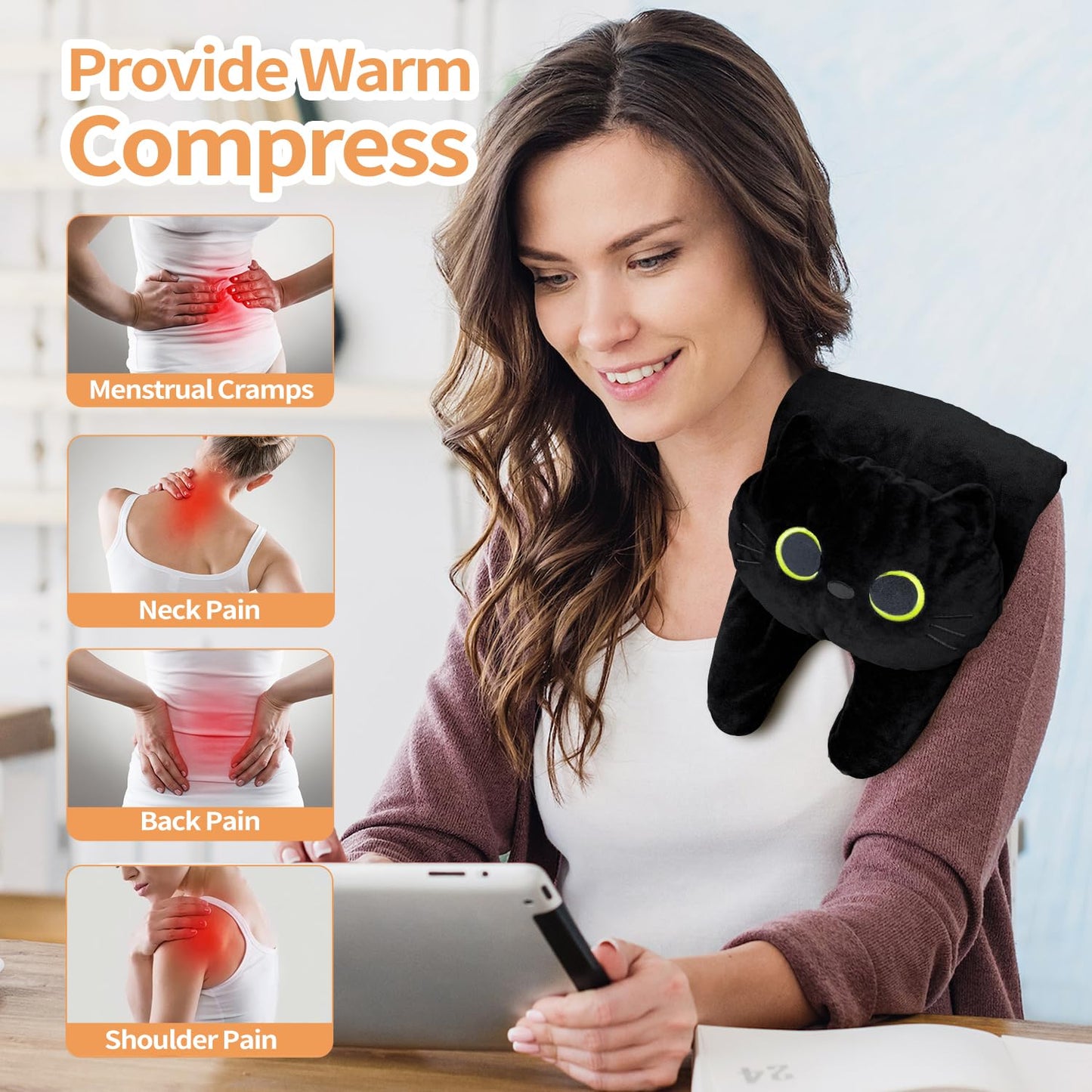 Microwave Heating Pad for Pain Relief, 17" x 9" Microwavable Heating Pads for Cramps, Back Pain, Neck Shoulder, Muscles, Knee, Joints, Natural Heat Pack Moist Heat, Black Cat