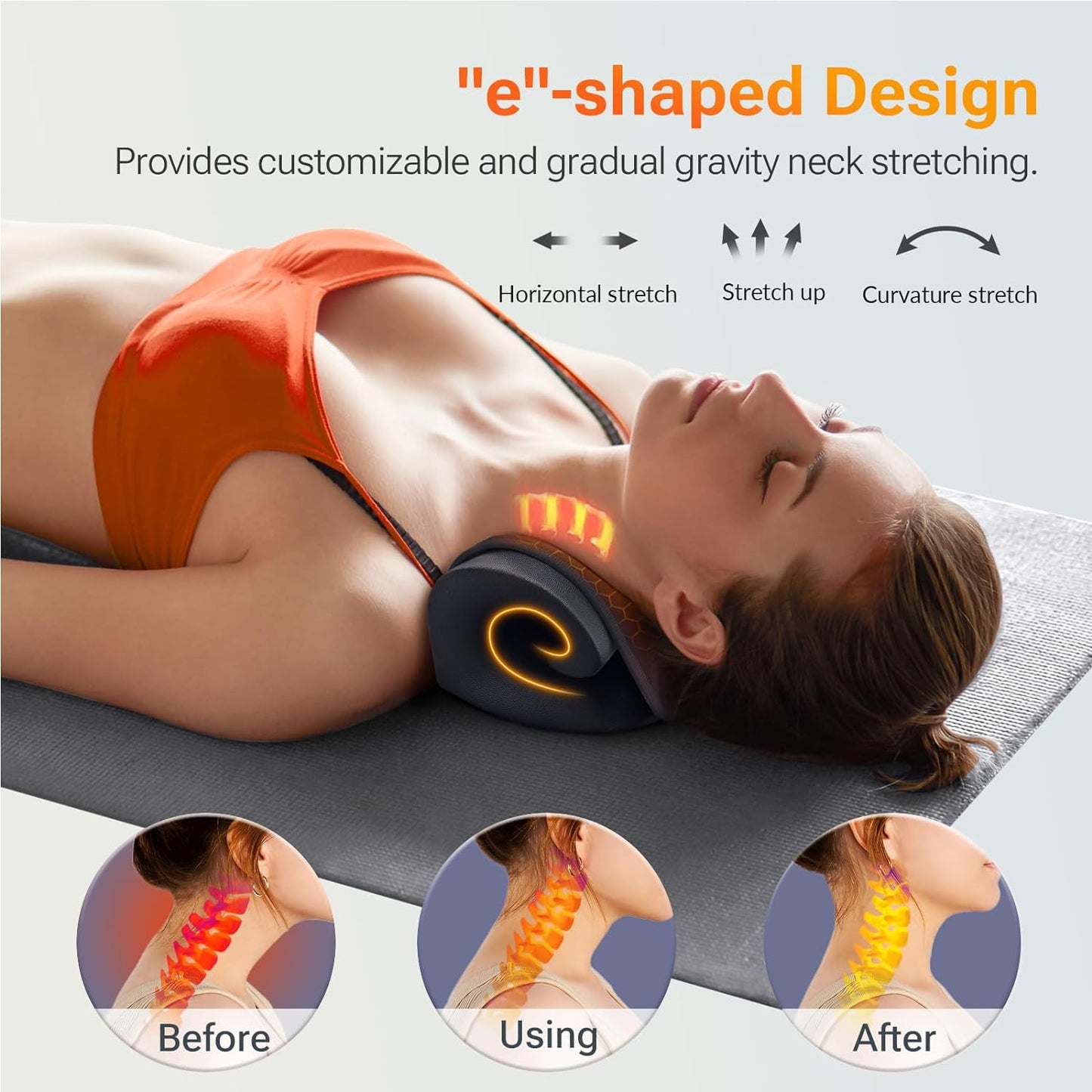 Neck Stretcher with Larger Graphene Heating Pad, Heated Cervical Traction Device in e-Shape for Moderate Neck Traction & Neck Pain Relief, Neck Relaxer with 6 Heat Levels & 3 Timer Functions