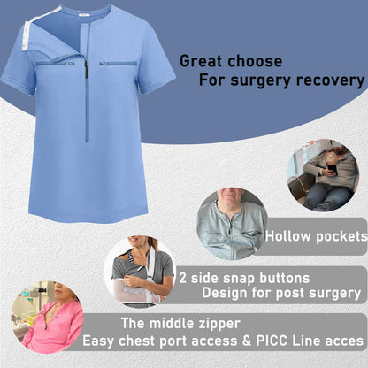 Deyeek Chemo Shirts for Port Access Women 2 Side Snap Shoulder Surgery Shirts Rotator Cuff Dialysis Recovery Shirts