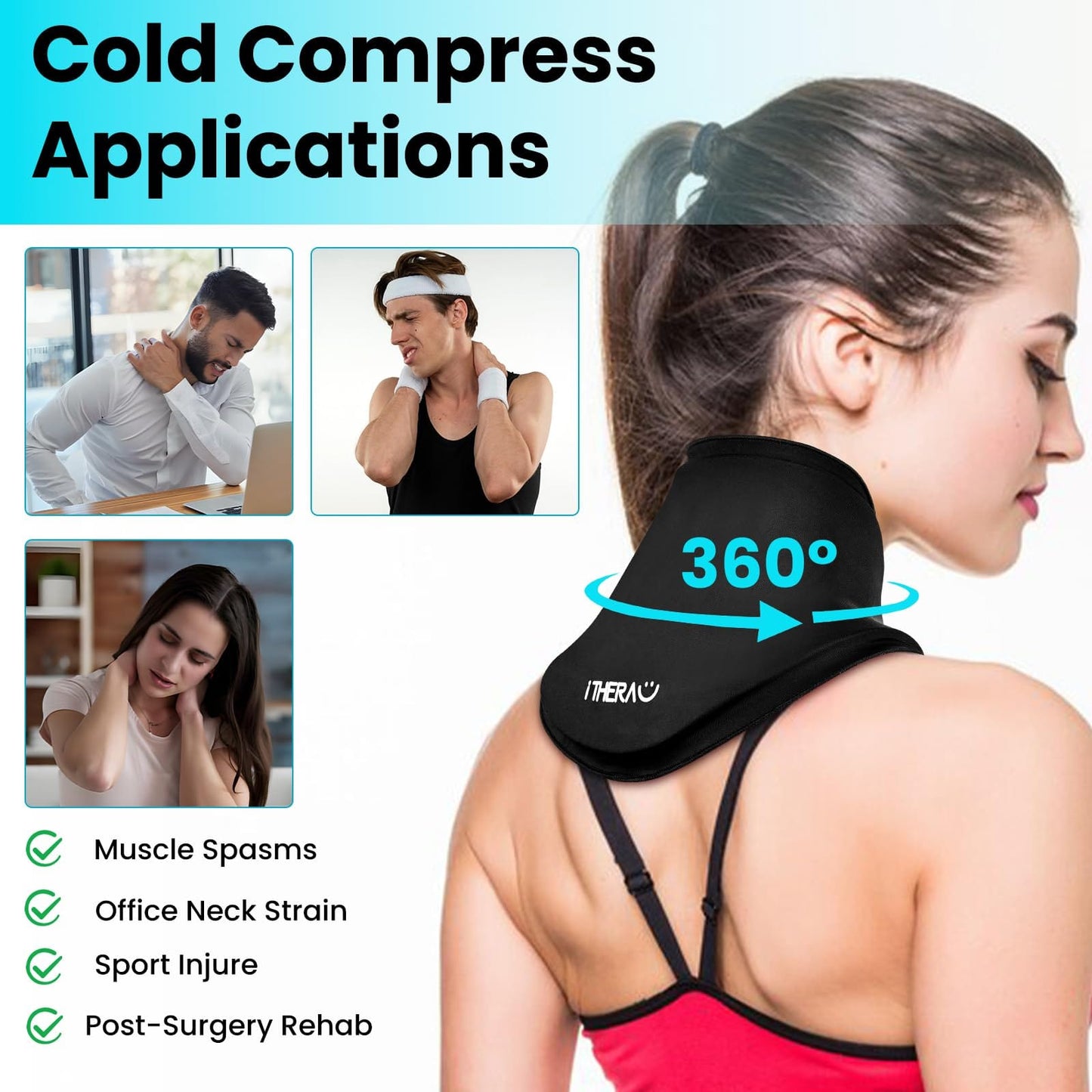 iTHERAU Neck Ice Pack Wrap, Hot or Cold Compress for Cervical Pain Relief, Soft Gel Ice Packs for Injuries Reusable, Sports Injuries, Swelling, Office Pressure, Black