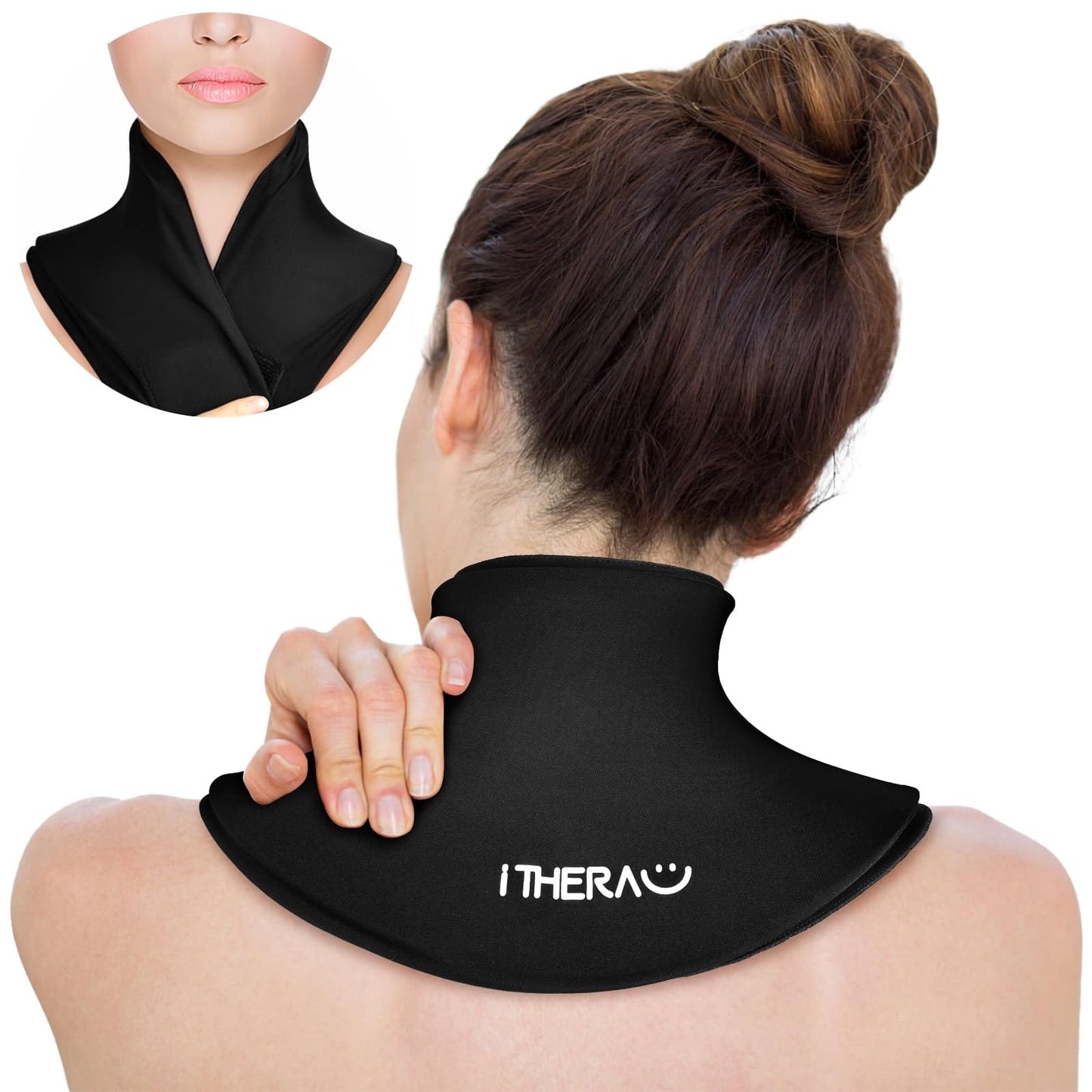 iTHERAU Neck Ice Pack Wrap, Hot or Cold Compress for Cervical Pain Relief, Soft Gel Ice Packs for Injuries Reusable, Sports Injuries, Swelling, Office Pressure, Black