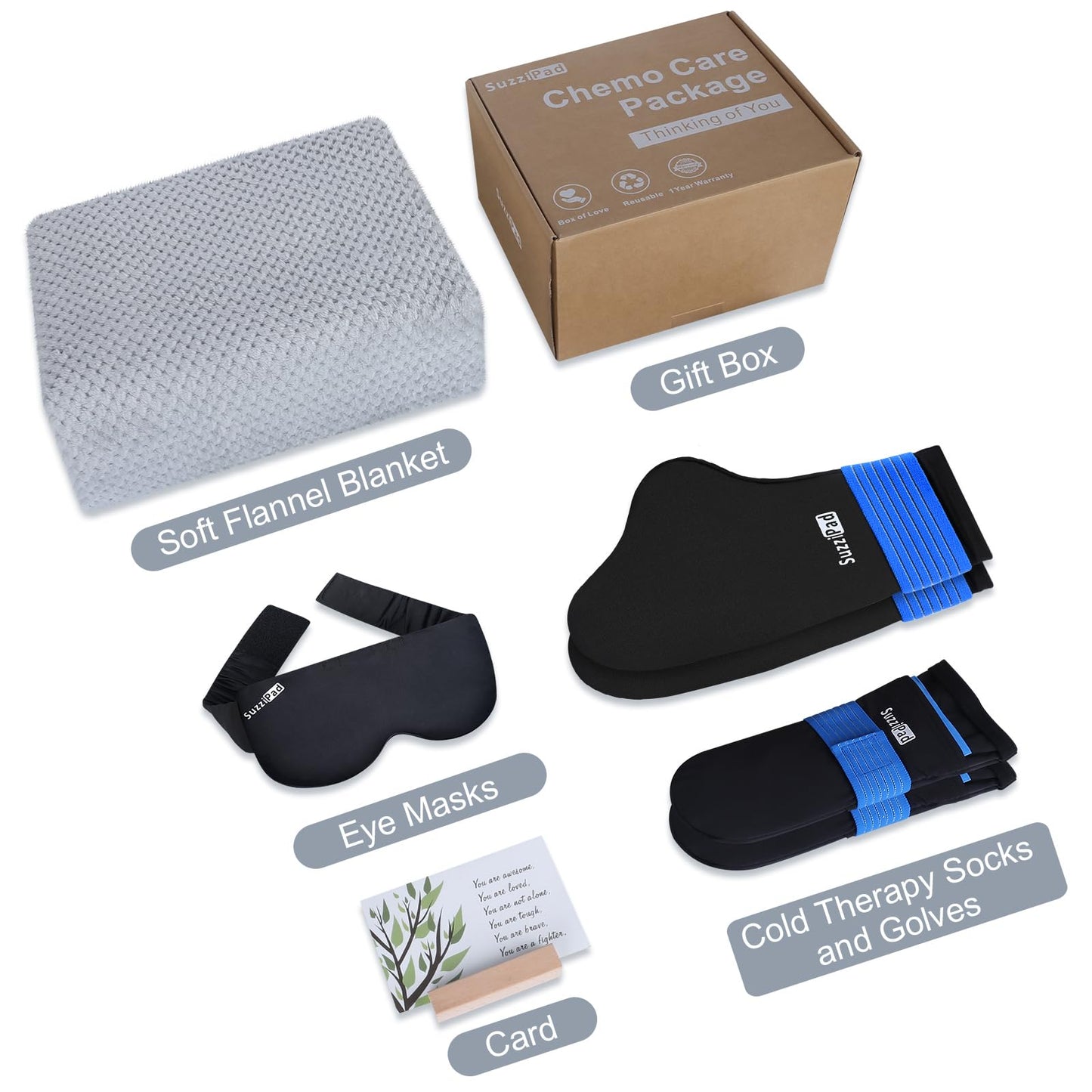 Suzzipad Cancer Patients Must Have, 5-Piece Chemo Care Kit for Women & Men Include Cold Therapy Socks and Hand Ice Pack, 59 * 78" Sympathy Blanket, 12oz Tumbler, Get Well Card