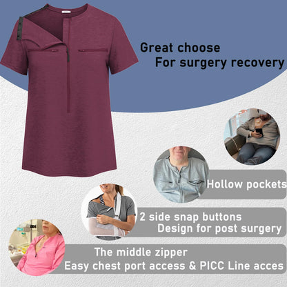 Deyeek Chemo Shirts for Port Access Women 2 Side Snap Shoulder Surgery Shirts Rotator Cuff Dialysis Recovery Shirts