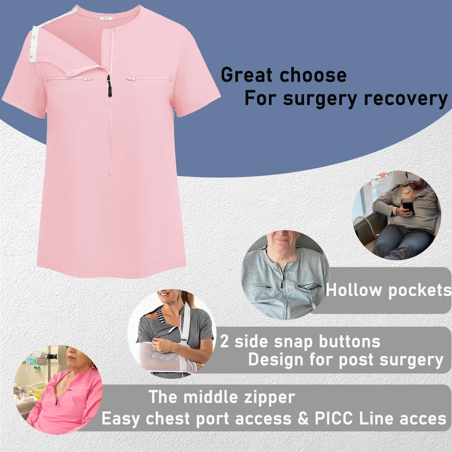 Deyeek Chemo Shirts for Port Access Women 2 Side Snap Shoulder Surgery Shirts Rotator Cuff Dialysis Recovery Shirts