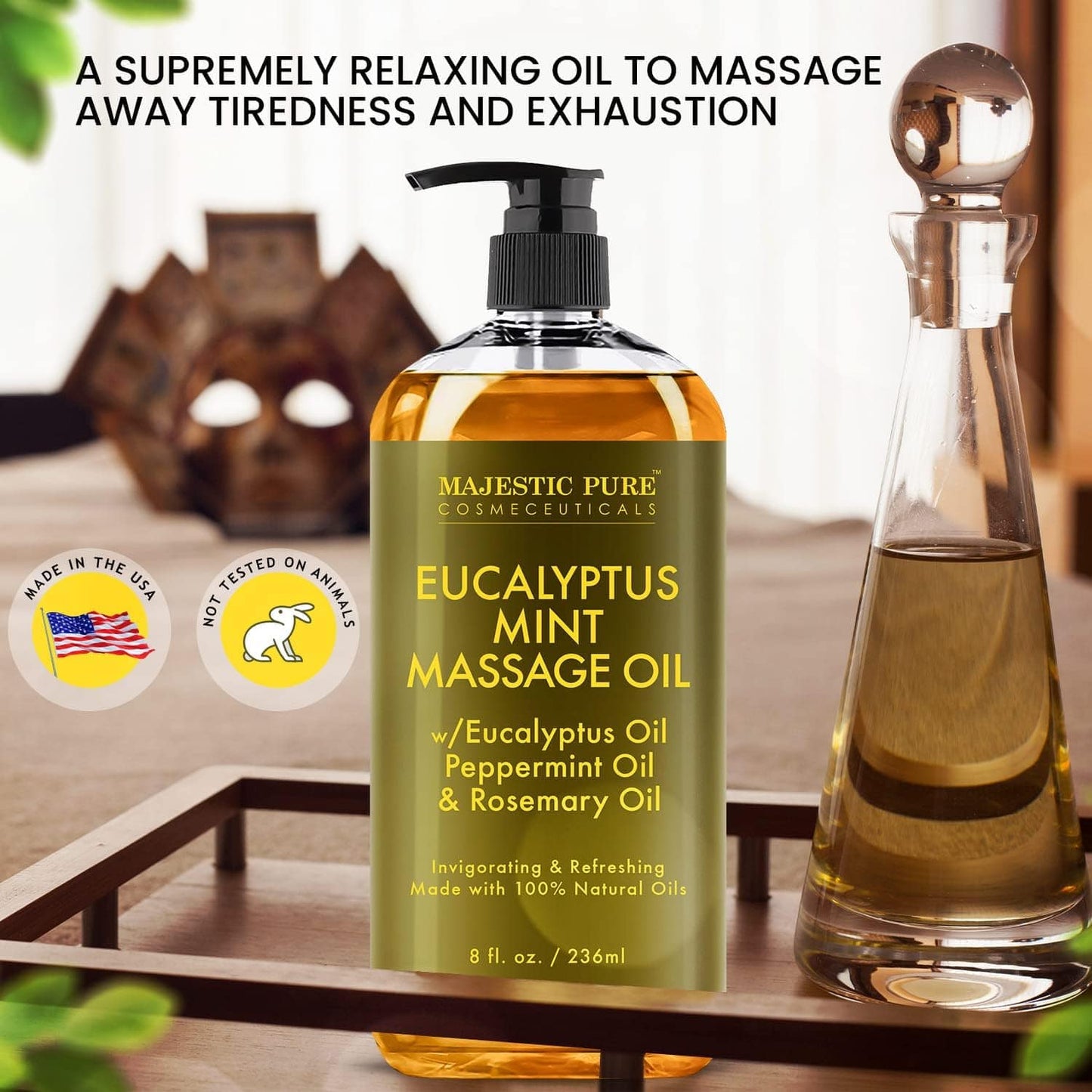 MAJESTIC PURE Eucalyptus Mint Massage Oil - Invigorating, Refreshing, and Relaxing - Massage, Made with Natural Oils - for All Skin Types - Men and Women - Made in USA - 8 fl oz