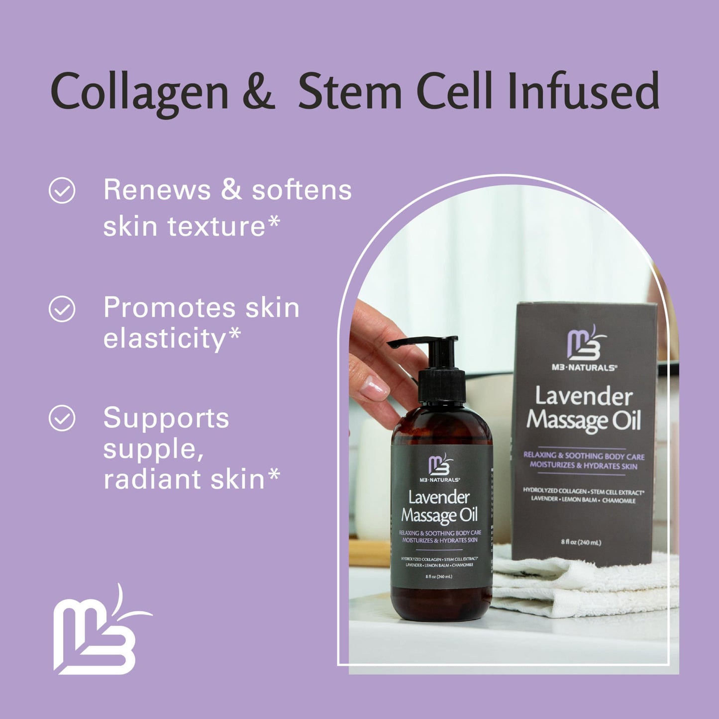 Anti Cellulite Massage Oil for Massage Therapy - Collagen and Stem Cell Skin Tightening Cellulite Cream for Women - 8 Fl Oz by M3 Naturals