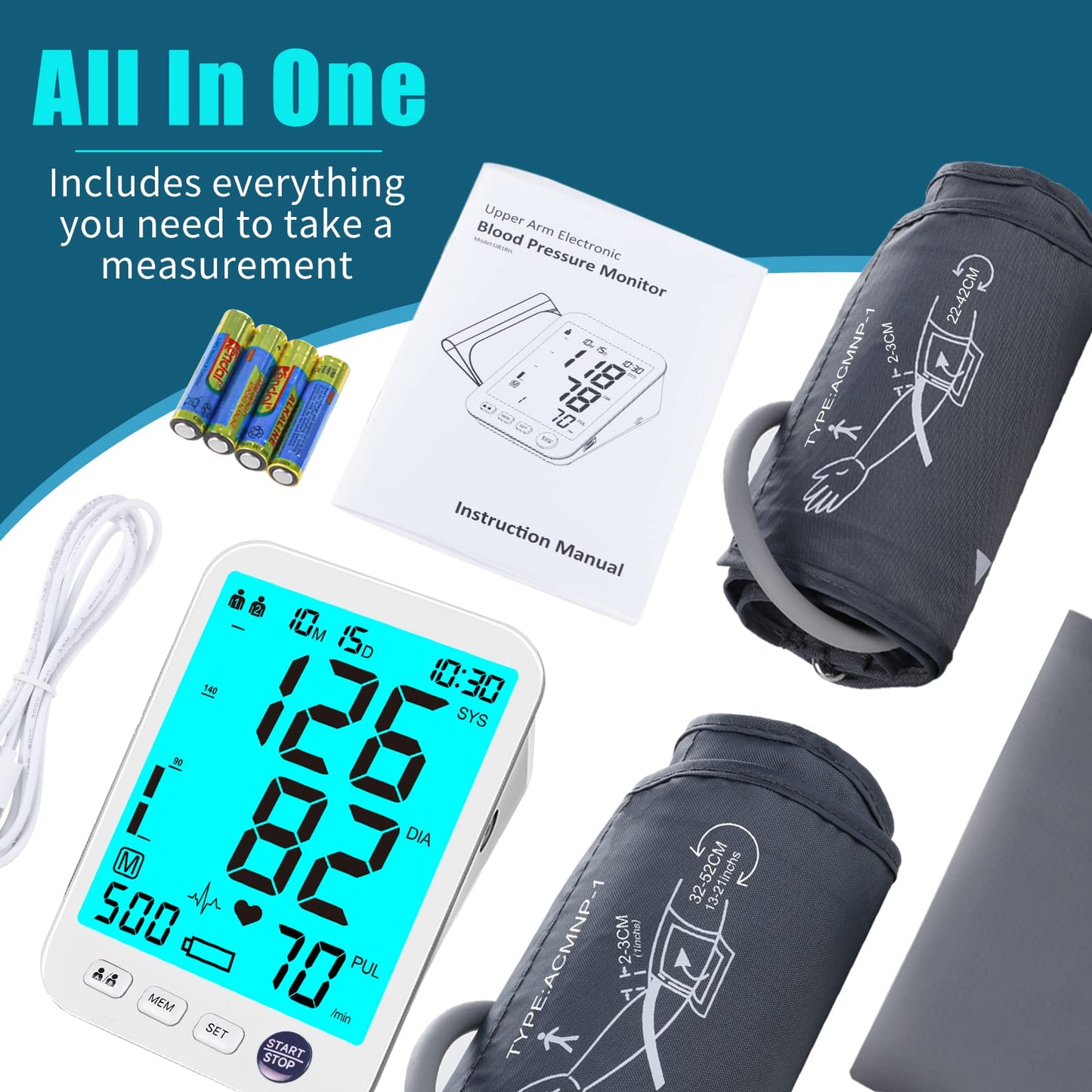 Blood Pressure Monitor Upper Arm Large LED Backlit Screen 1000 Sets Memory Automatic Digital BP Machine Adjustable BP Cuff