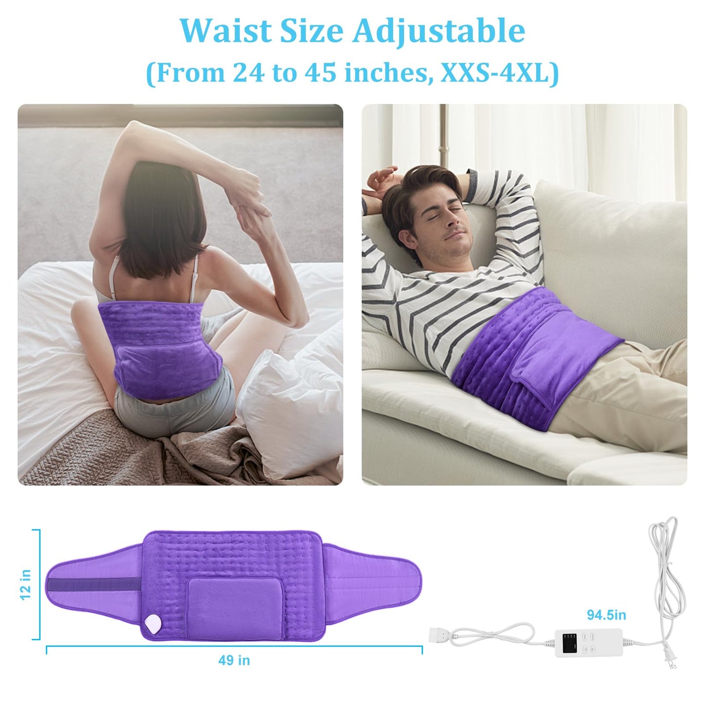 Heating Pad for Period Cramps Back Pain Relief Wrap Around Heating Pad Lower Back Menstrual Heating Pad 6-Hour Auto Off 12x24 Heat Pad+20" Belt Wearable 4 Timer 6 Heat Level Stomach Heating Pad