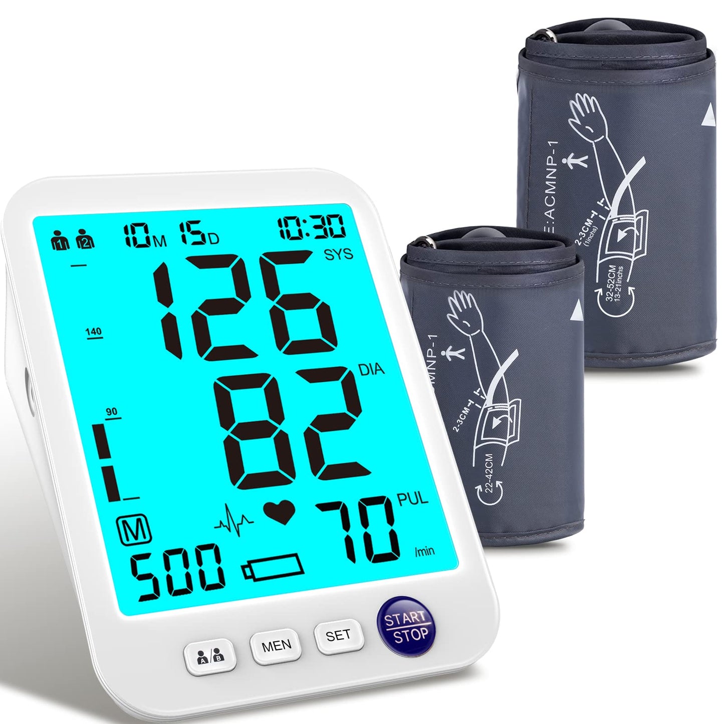 Blood Pressure Monitor Upper Arm Large LED Backlit Screen 1000 Sets Memory Automatic Digital BP Machine Adjustable BP Cuff