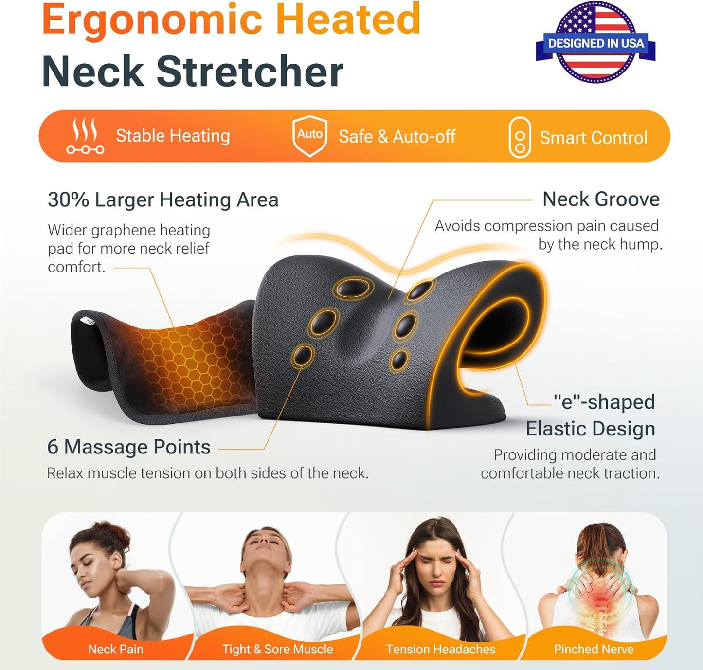 Neck Stretcher with Larger Graphene Heating Pad, Heated Cervical Traction Device in e-Shape for Moderate Neck Traction & Neck Pain Relief, Neck Relaxer with 6 Heat Levels & 3 Timer Functions