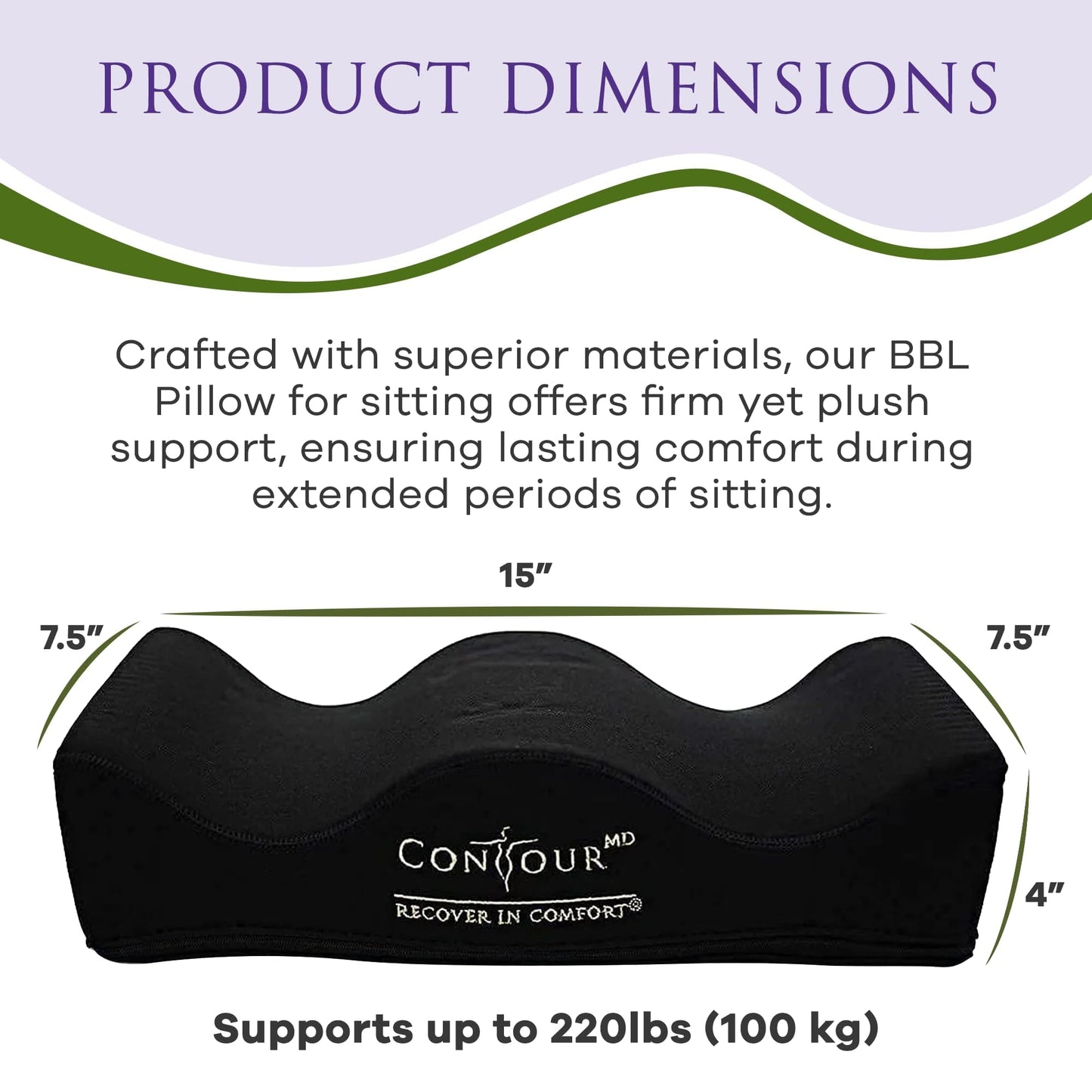 ContourMD BBL Pillow After Surgery for Butt – Brazilian Butt Lift BBL Recovery Pillow – Portable, Lightweight Foam Butt Shaped Pillow - BBL Post Surgery Supplies - Rectangle (Black)