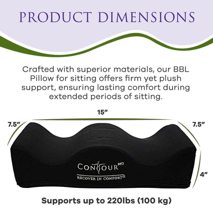 ContourMD BBL Pillow After Surgery for Butt – Brazilian Butt Lift BBL Recovery Pillow – Portable, Lightweight Foam Butt Shaped Pillow - BBL Post Surgery Supplies - Rectangle (Black)