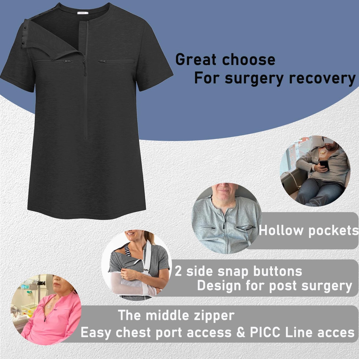 Deyeek Chemo Shirts for Port Access Women 2 Side Snap Shoulder Surgery Shirts Rotator Cuff Dialysis Recovery Shirts