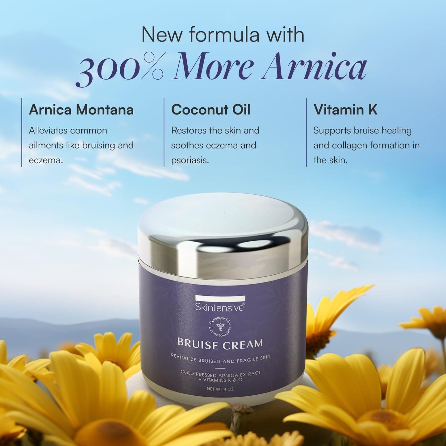 Arnica Bruise Cream for Thin Skin - Moisturizing, Anti-Aging, Healing, and Fading Scar Lotion, Vitamin K C and E, Skin Renewal, 4 Oz