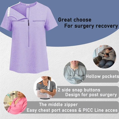 Deyeek Chemo Shirts for Port Access Women 2 Side Snap Shoulder Surgery Shirts Rotator Cuff Dialysis Recovery Shirts