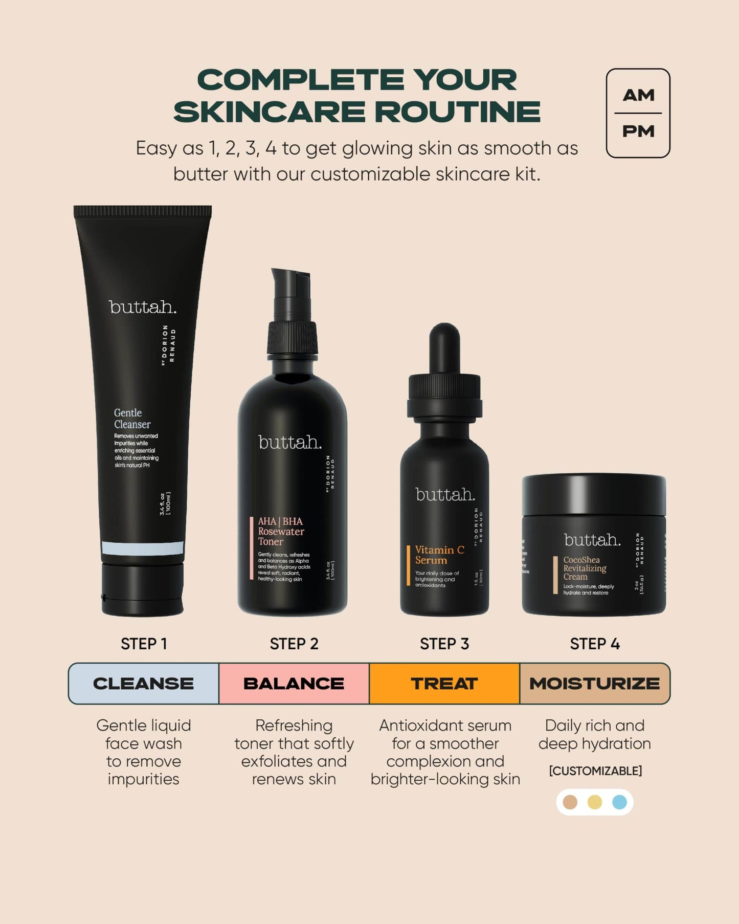 Buttah Skin Supreme Kit for Melanin Rich Skin  Coco Shea Revitalizing Cream 2 oz  Vitamin C Serum 1 oz Cleanser 3.4 oz  Rosewater Toner 3.4 oz  Black Owned Skincare