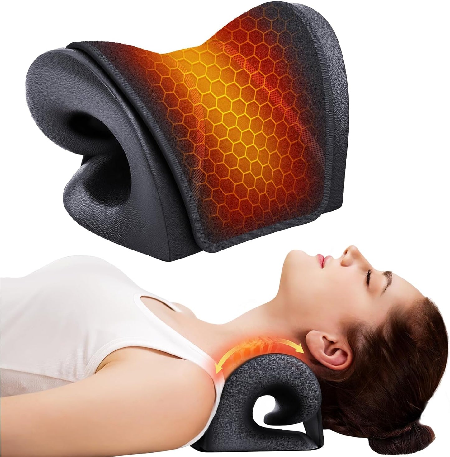 Neck Stretcher with Larger Graphene Heating Pad, Heated Cervical Traction Device in e-Shape for Moderate Neck Traction & Neck Pain Relief, Neck Relaxer with 6 Heat Levels & 3 Timer Functions