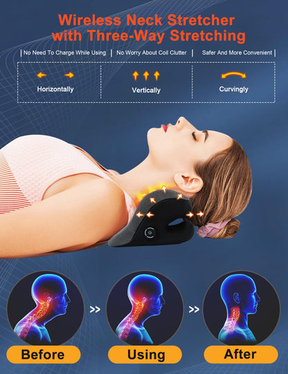 Wireless Heated Neck Stretcher for Pain Relief, Portable Cordless Neck Shoulder Cervical Traction Device with Graphene Heating Pad No Smell Magnetic Therapy Case Relaxer for TMJ Migraine Spine Alignment