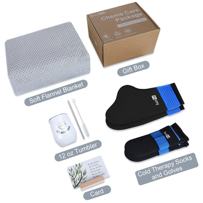 Suzzipad Cancer Patients Must Have, 5-Piece Chemo Care Kit for Women & Men Include Cold Therapy Socks and Hand Ice Pack, 59 * 78" Sympathy Blanket, 12oz Tumbler, Get Well Card