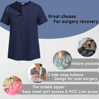 Deyeek Chemo Shirts for Port Access Women 2 Side Snap Shoulder Surgery Shirts Rotator Cuff Dialysis Recovery Shirts