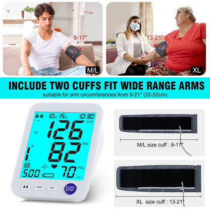 Blood Pressure Monitor Upper Arm Large LED Backlit Screen 1000 Sets Memory Automatic Digital BP Machine Adjustable BP Cuff